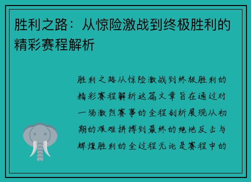 胜利之路：从惊险激战到终极胜利的精彩赛程解析