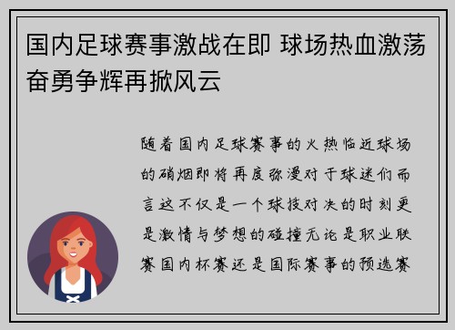 国内足球赛事激战在即 球场热血激荡奋勇争辉再掀风云