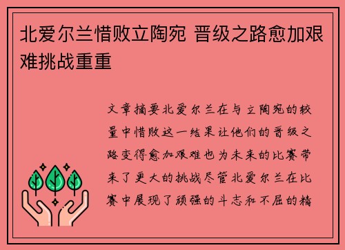 北爱尔兰惜败立陶宛 晋级之路愈加艰难挑战重重