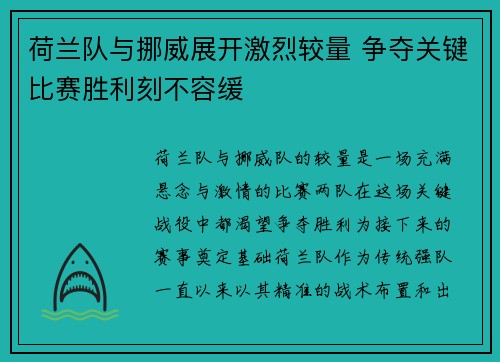 荷兰队与挪威展开激烈较量 争夺关键比赛胜利刻不容缓