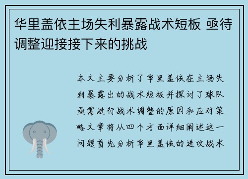 华里盖依主场失利暴露战术短板 亟待调整迎接接下来的挑战