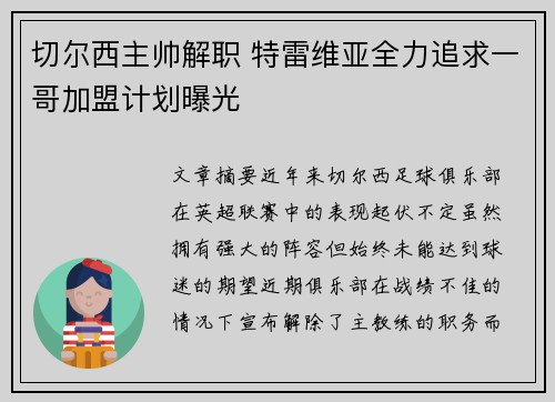 切尔西主帅解职 特雷维亚全力追求一哥加盟计划曝光