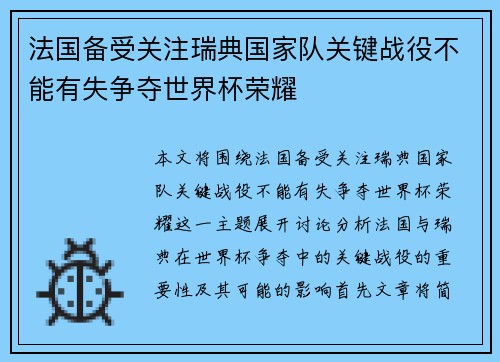 法国备受关注瑞典国家队关键战役不能有失争夺世界杯荣耀