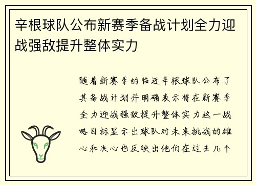 辛根球队公布新赛季备战计划全力迎战强敌提升整体实力