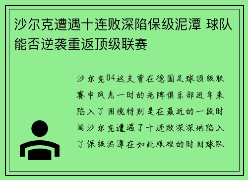 沙尔克遭遇十连败深陷保级泥潭 球队能否逆袭重返顶级联赛
